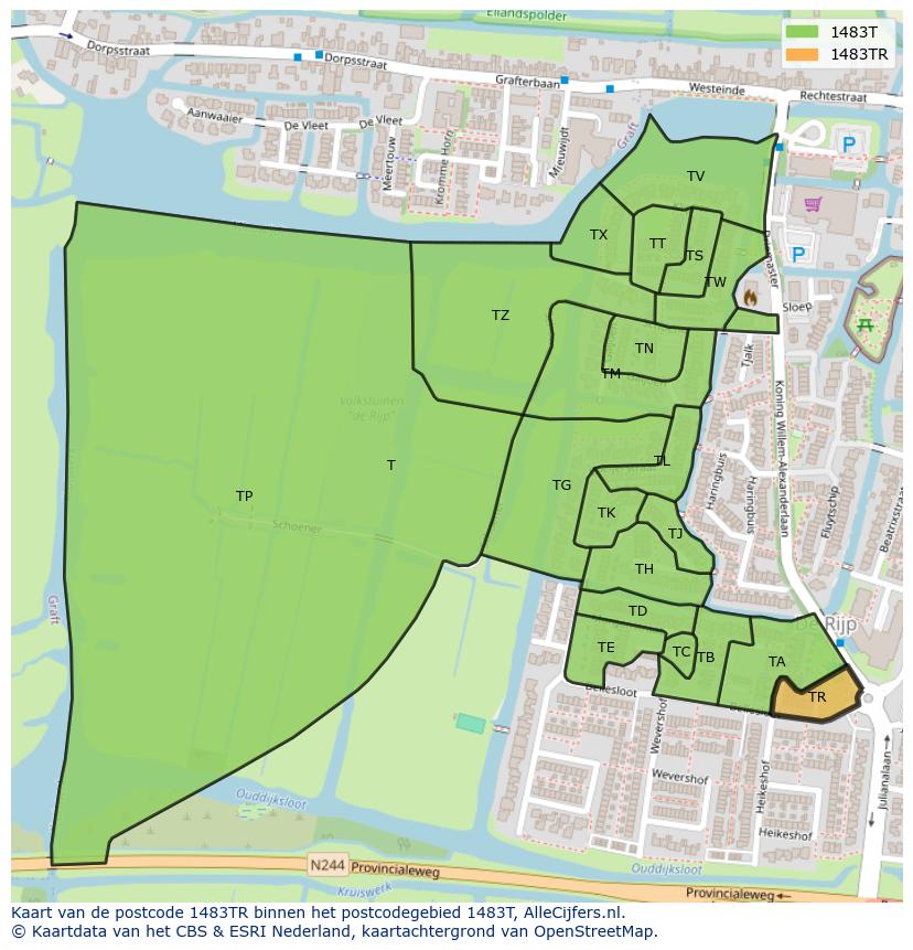 Afbeelding van het postcodegebied 1483 TR op de kaart.