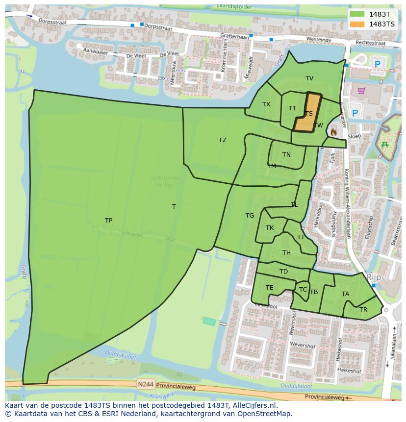 Afbeelding van het postcodegebied 1483 TS op de kaart.