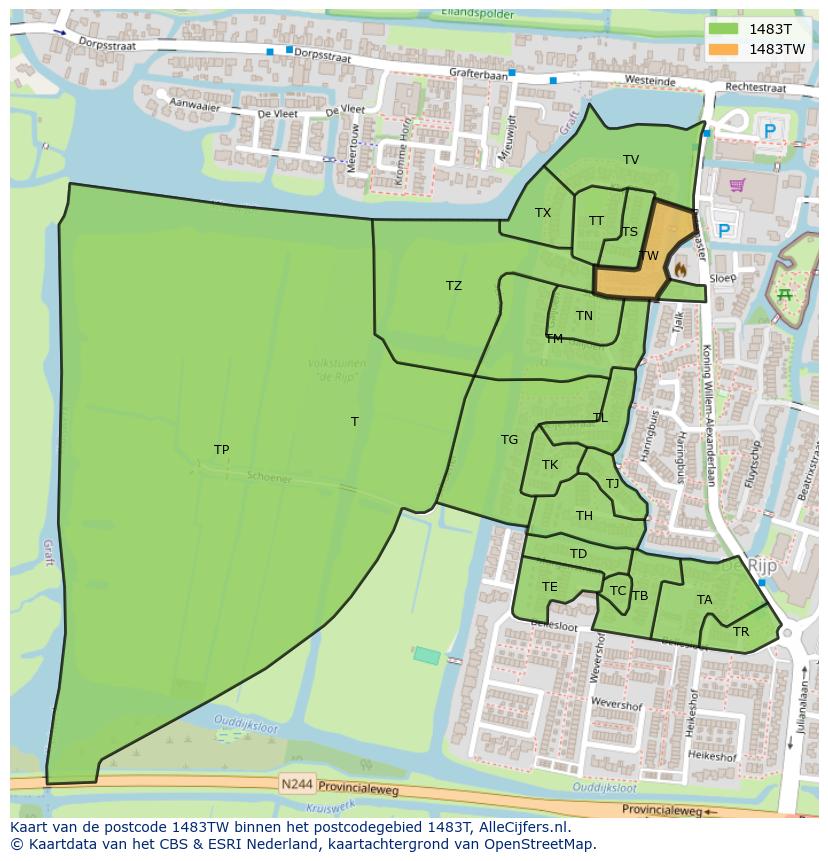 Afbeelding van het postcodegebied 1483 TW op de kaart.