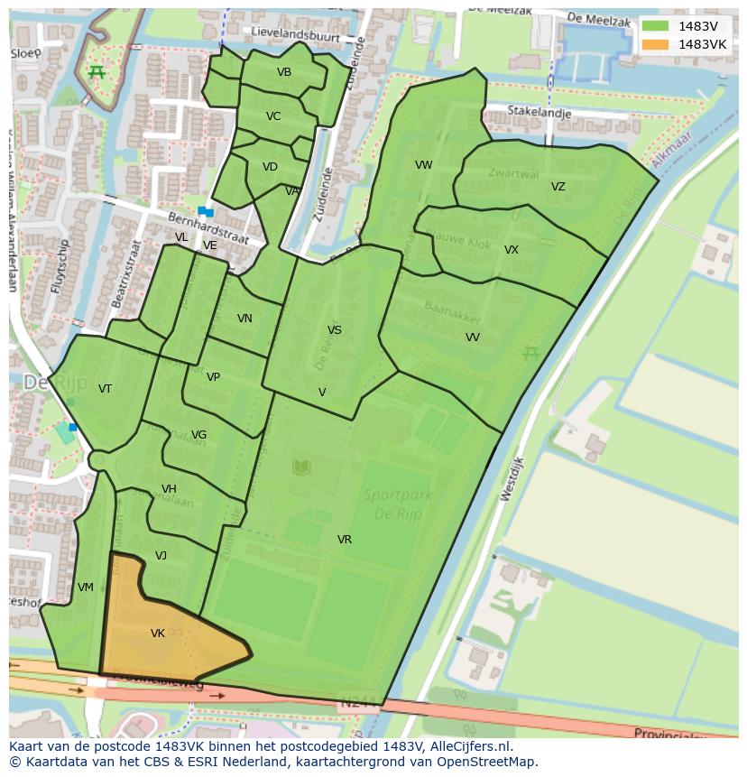 Afbeelding van het postcodegebied 1483 VK op de kaart.