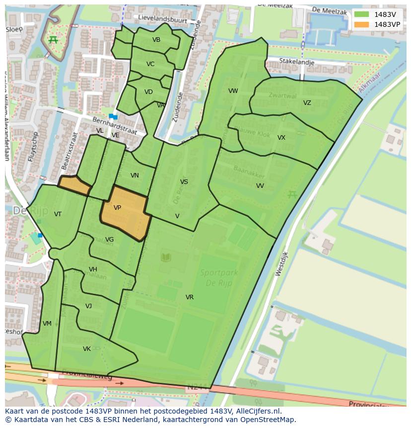Afbeelding van het postcodegebied 1483 VP op de kaart.