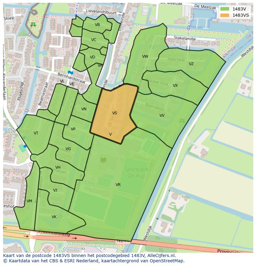 Afbeelding van het postcodegebied 1483 VS op de kaart.