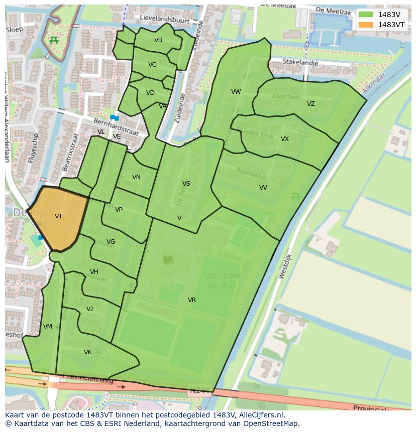Afbeelding van het postcodegebied 1483 VT op de kaart.