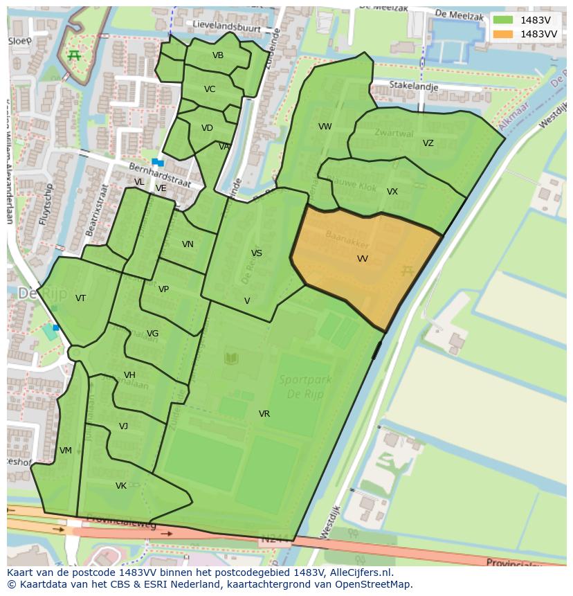 Afbeelding van het postcodegebied 1483 VV op de kaart.