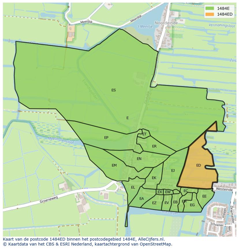 Afbeelding van het postcodegebied 1484 ED op de kaart.