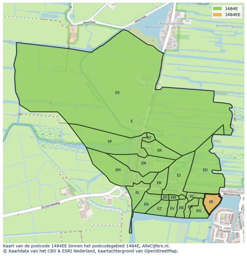 Afbeelding van het postcodegebied 1484 EE op de kaart.