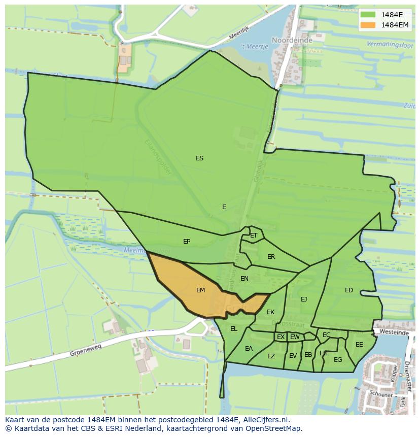Afbeelding van het postcodegebied 1484 EM op de kaart.