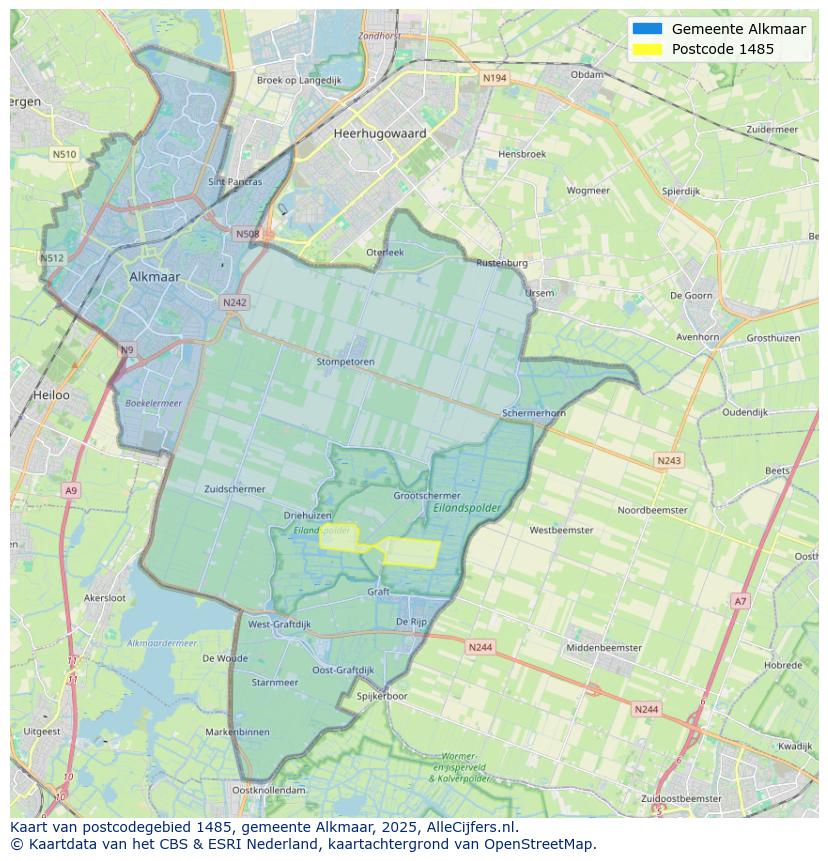 Afbeelding van het postcodegebied 1485 op de kaart.
