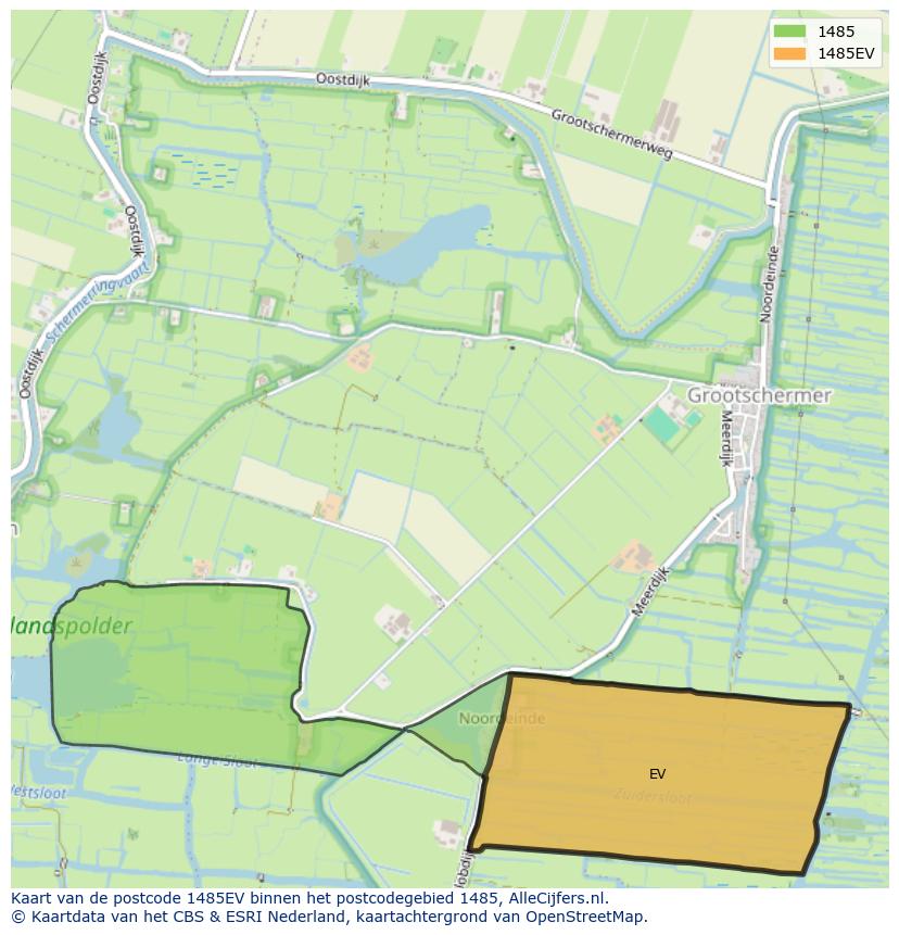 Afbeelding van het postcodegebied 1485 EV op de kaart.