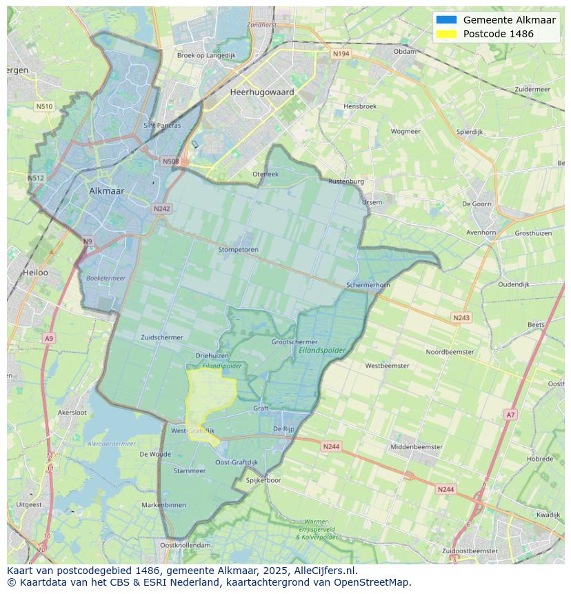 Afbeelding van het postcodegebied 1486 op de kaart.