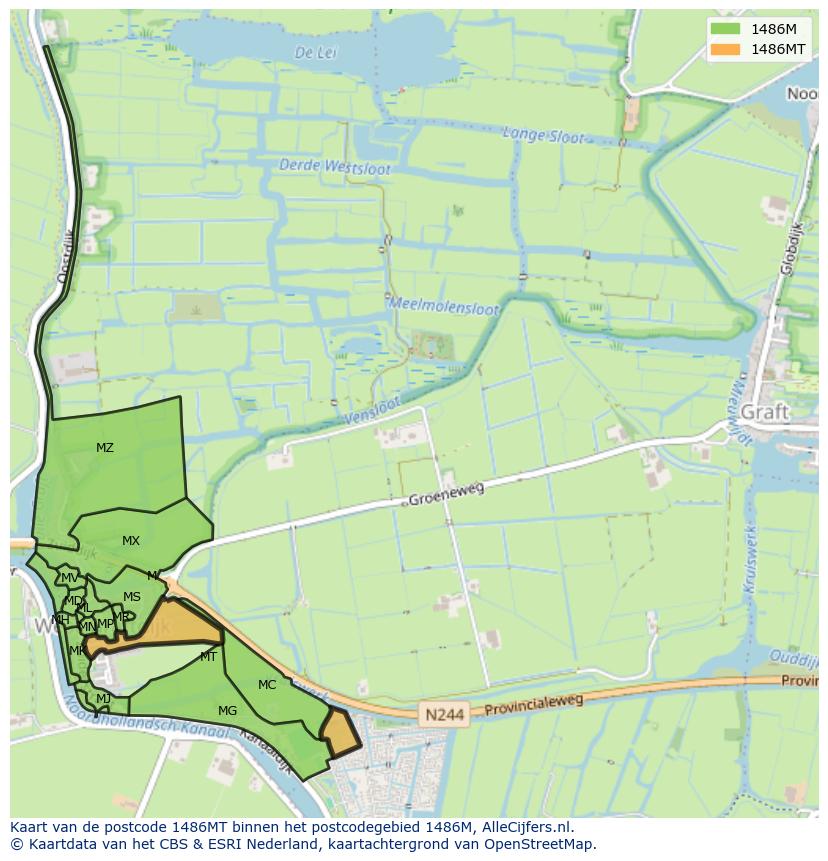 Afbeelding van het postcodegebied 1486 MT op de kaart.