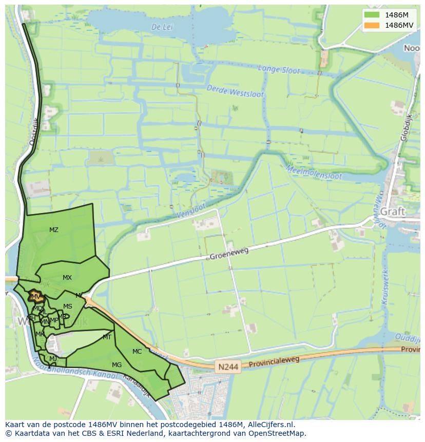 Afbeelding van het postcodegebied 1486 MV op de kaart.