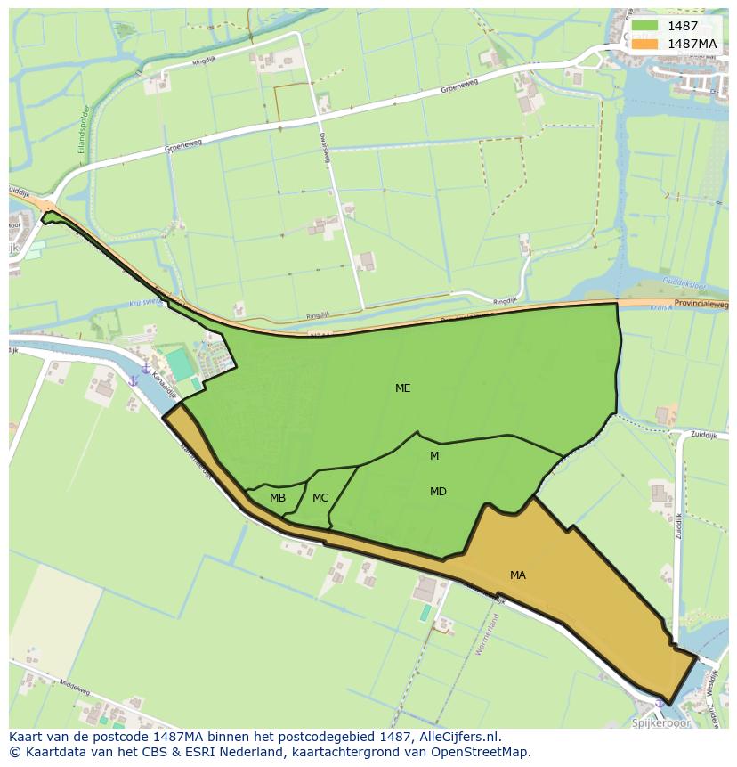 Afbeelding van het postcodegebied 1487 MA op de kaart.