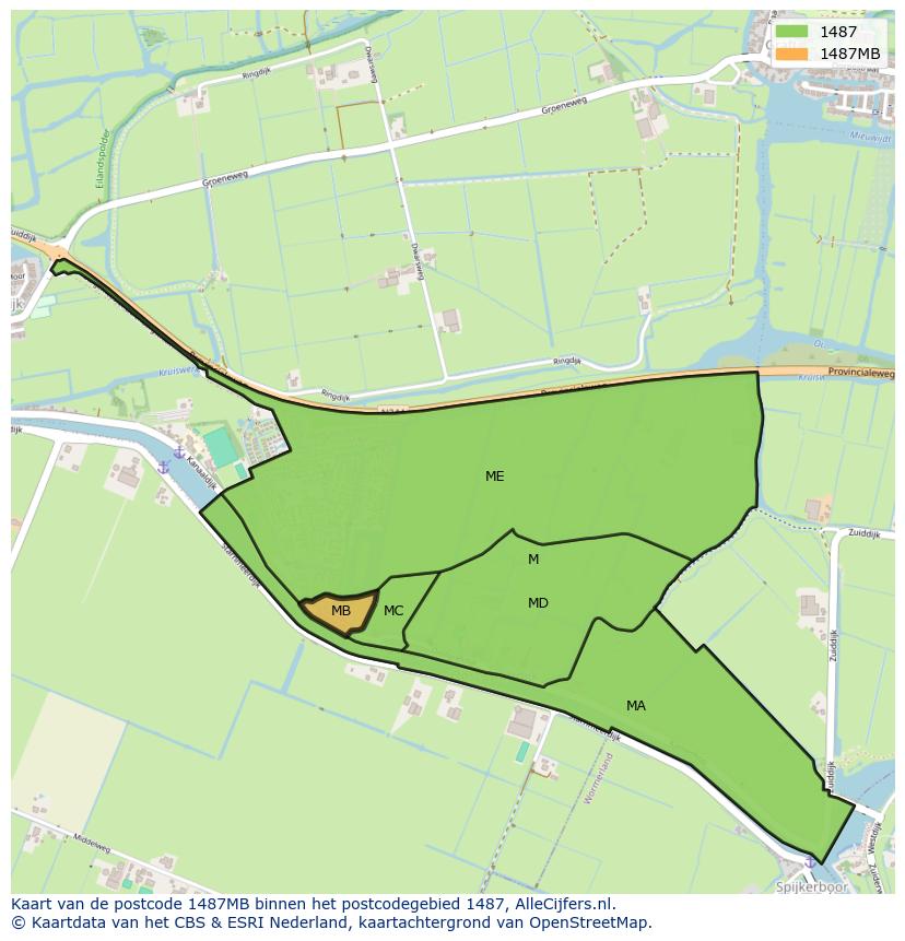 Afbeelding van het postcodegebied 1487 MB op de kaart.