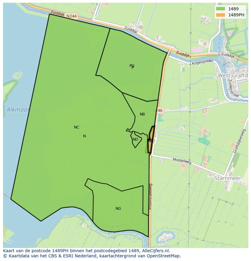 Afbeelding van het postcodegebied 1489 PH op de kaart.