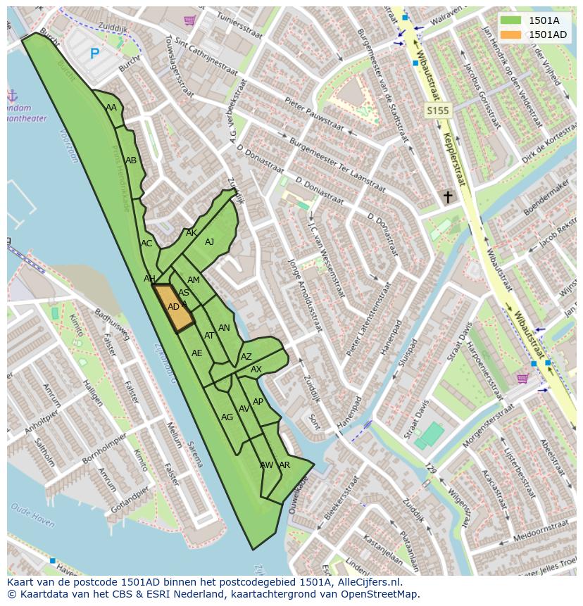 Afbeelding van het postcodegebied 1501 AD op de kaart.