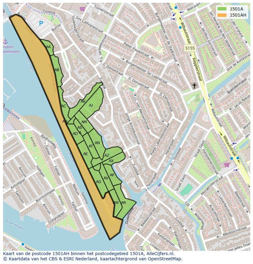 Afbeelding van het postcodegebied 1501 AH op de kaart.