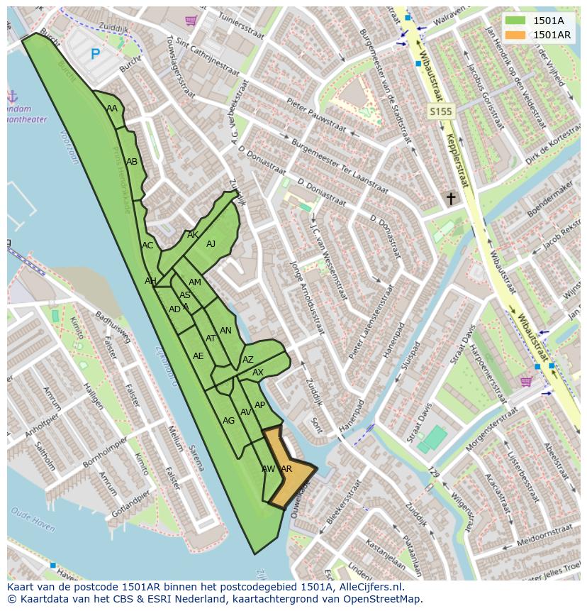 Afbeelding van het postcodegebied 1501 AR op de kaart.