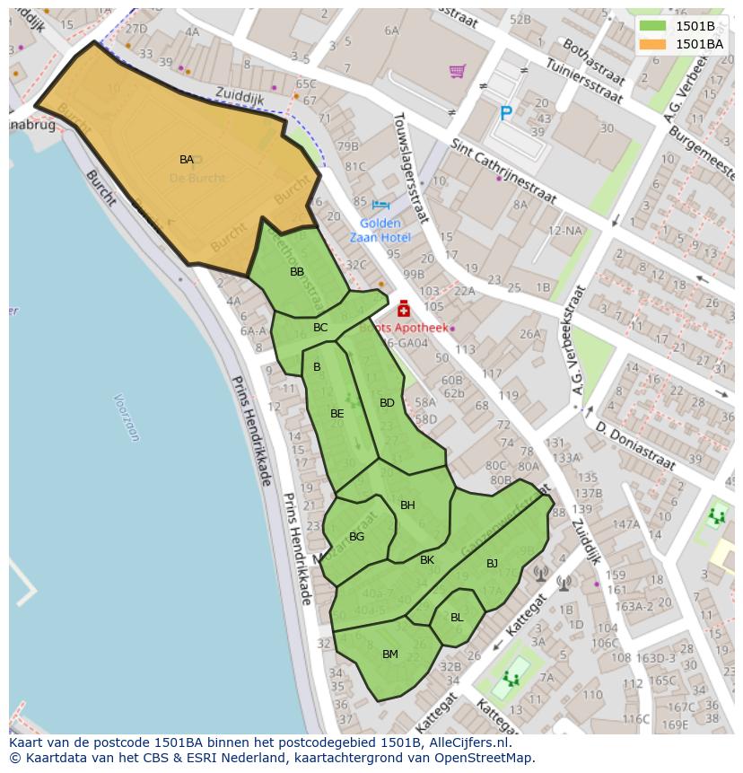 Afbeelding van het postcodegebied 1501 BA op de kaart.