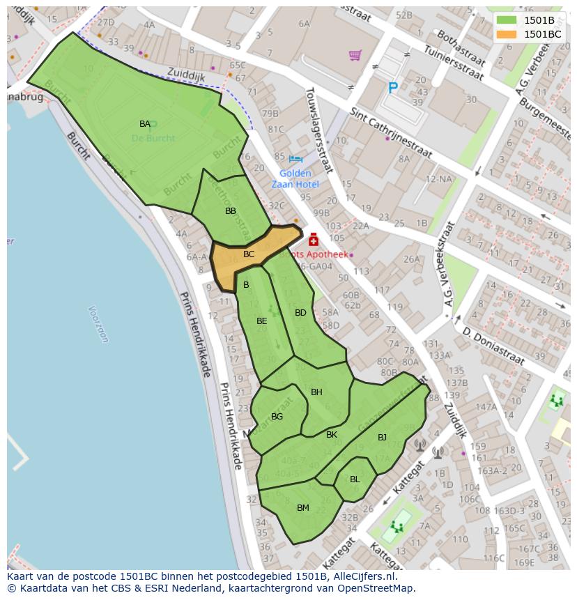 Afbeelding van het postcodegebied 1501 BC op de kaart.