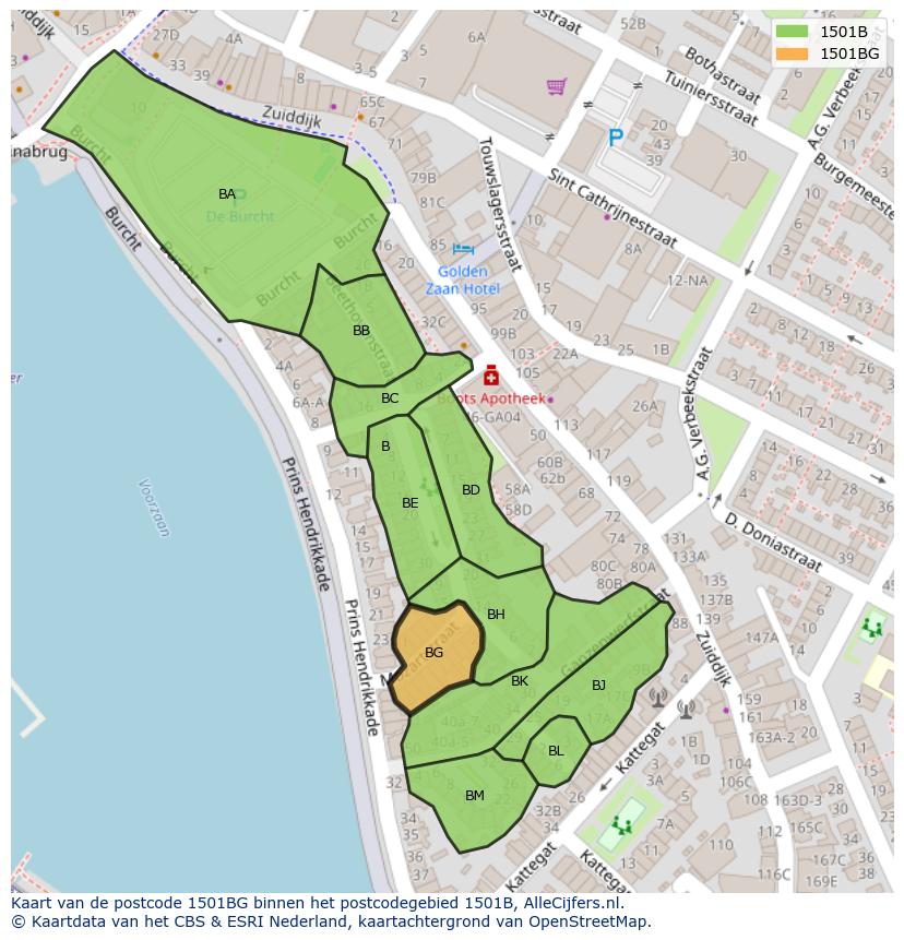 Afbeelding van het postcodegebied 1501 BG op de kaart.