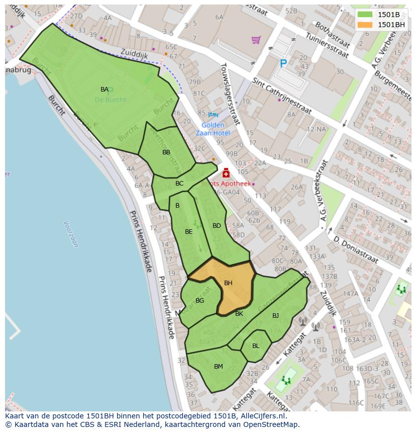 Afbeelding van het postcodegebied 1501 BH op de kaart.