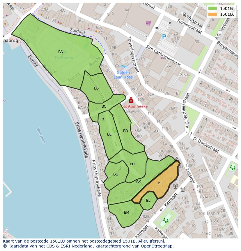 Afbeelding van het postcodegebied 1501 BJ op de kaart.