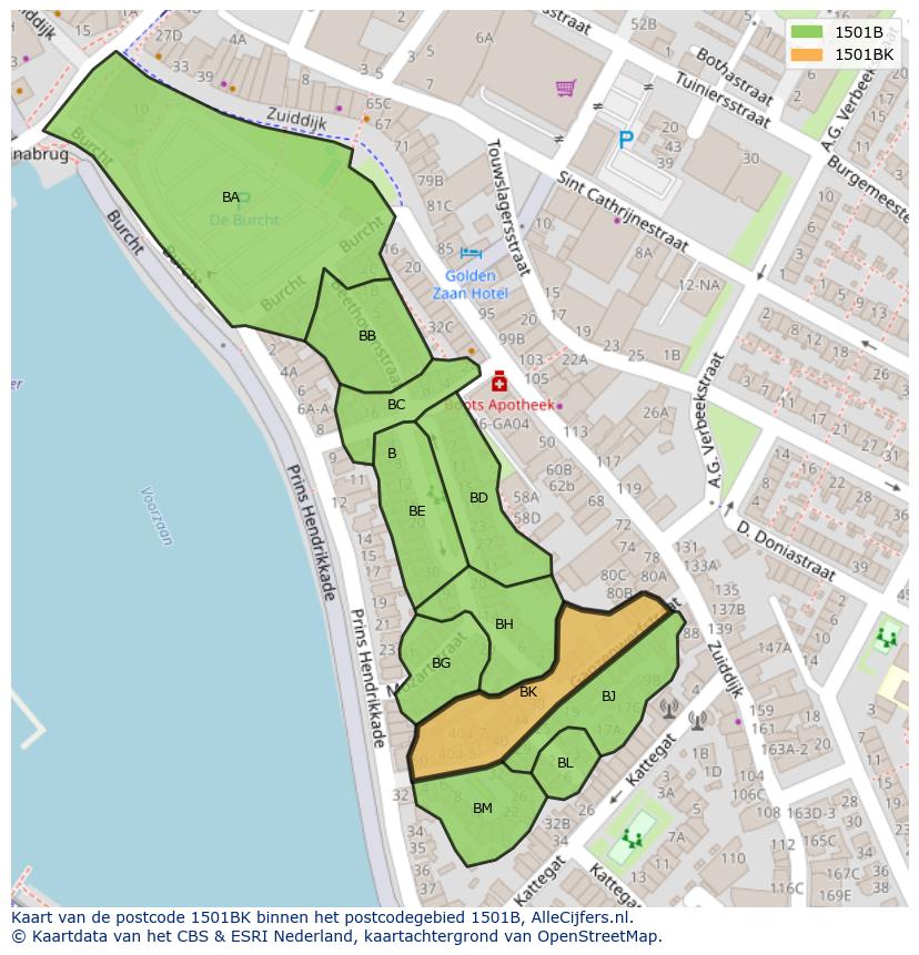 Afbeelding van het postcodegebied 1501 BK op de kaart.