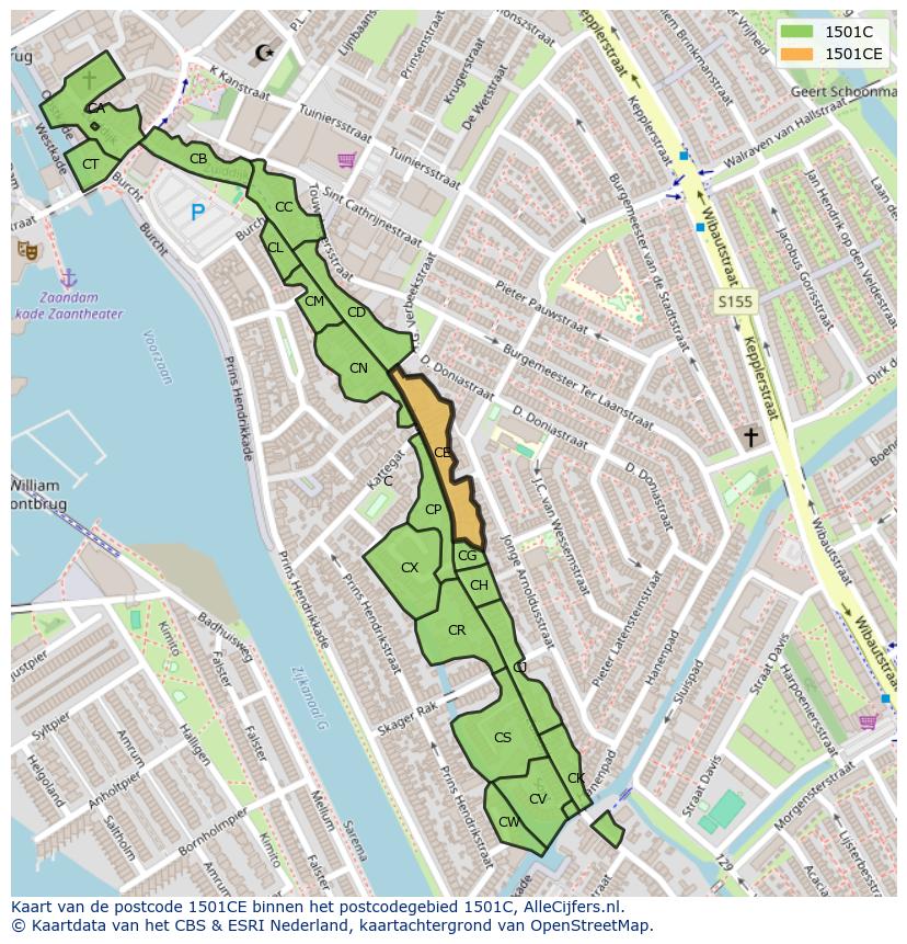 Afbeelding van het postcodegebied 1501 CE op de kaart.