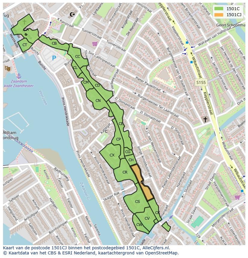Afbeelding van het postcodegebied 1501 CJ op de kaart.