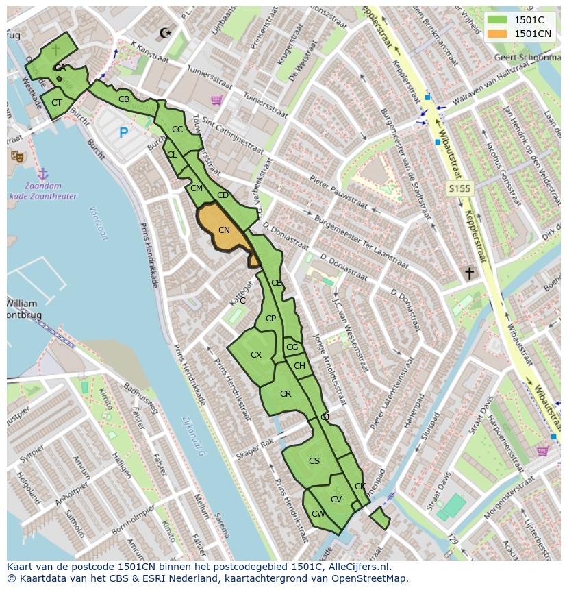 Afbeelding van het postcodegebied 1501 CN op de kaart.