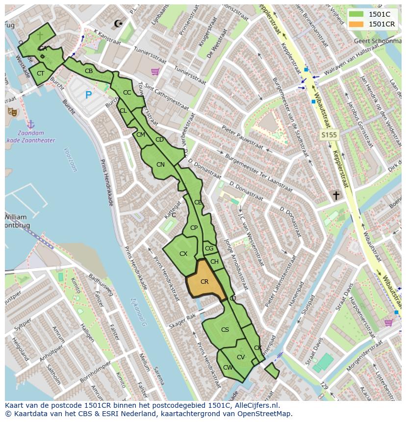Afbeelding van het postcodegebied 1501 CR op de kaart.
