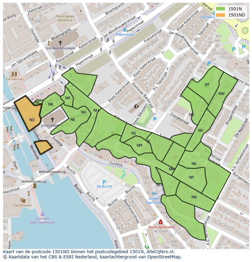 Afbeelding van het postcodegebied 1501 ND op de kaart.