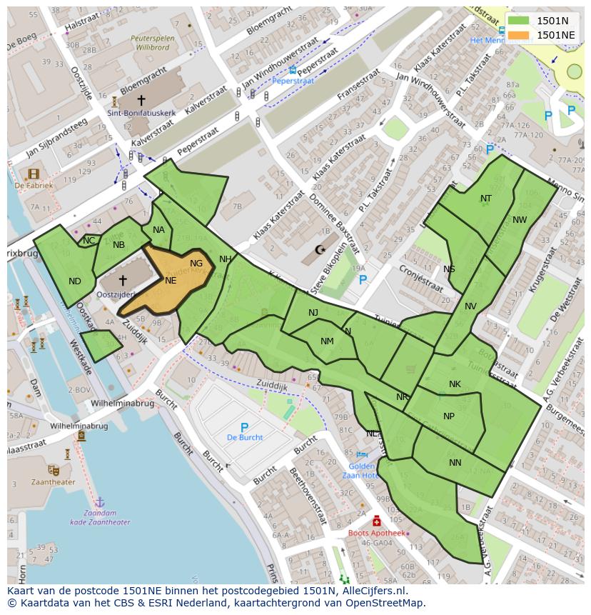 Afbeelding van het postcodegebied 1501 NE op de kaart.
