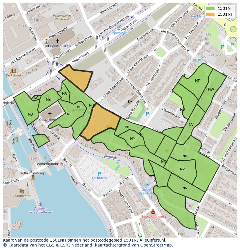 Afbeelding van het postcodegebied 1501 NH op de kaart.