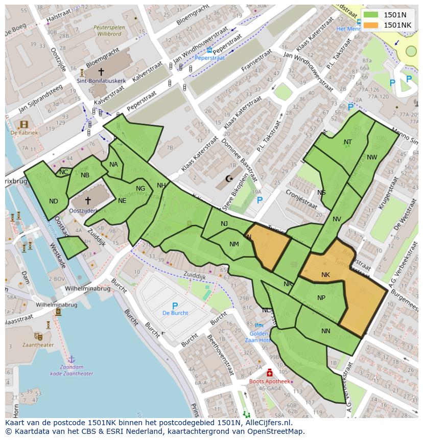 Afbeelding van het postcodegebied 1501 NK op de kaart.