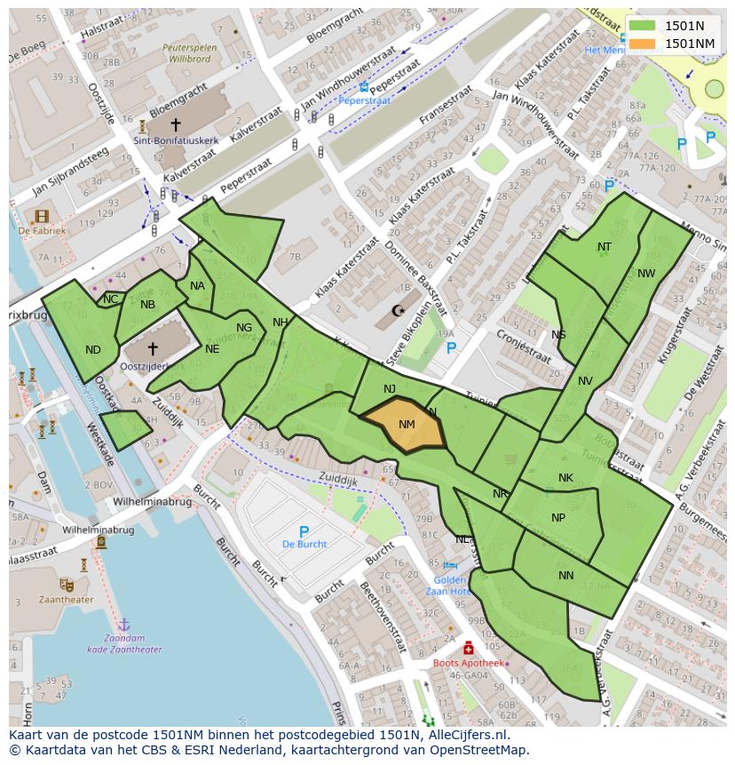 Afbeelding van het postcodegebied 1501 NM op de kaart.