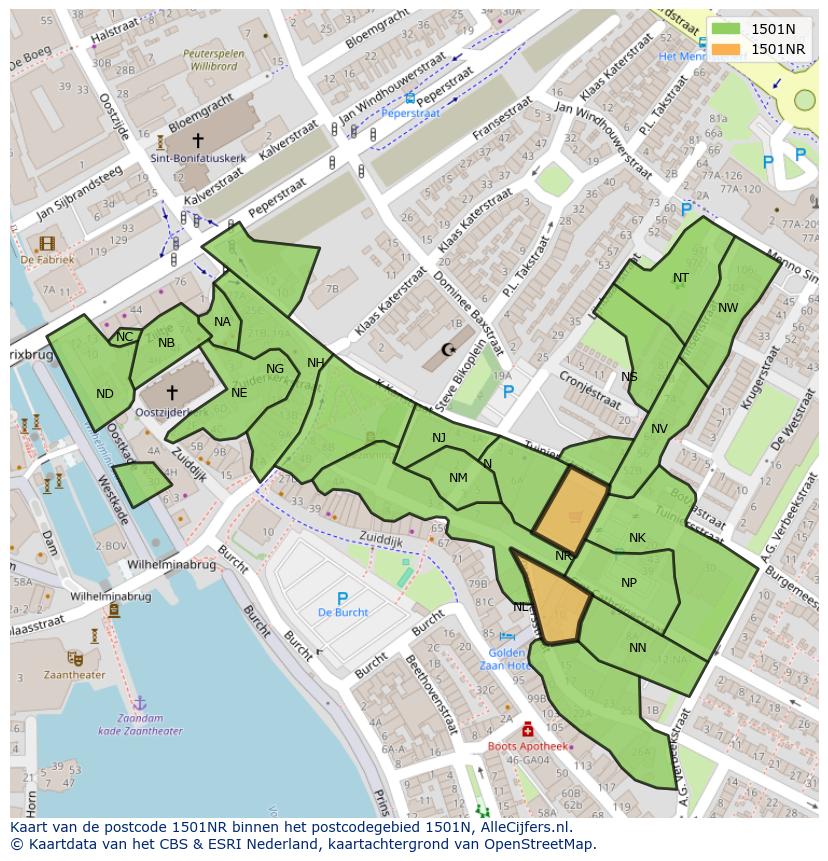 Afbeelding van het postcodegebied 1501 NR op de kaart.