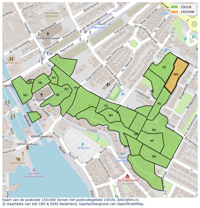 Afbeelding van het postcodegebied 1501 NW op de kaart.