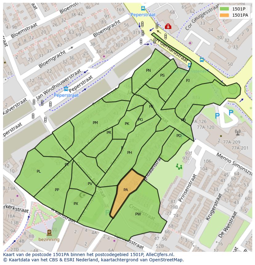 Afbeelding van het postcodegebied 1501 PA op de kaart.