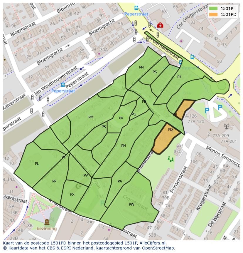 Afbeelding van het postcodegebied 1501 PD op de kaart.