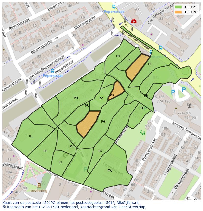 Afbeelding van het postcodegebied 1501 PG op de kaart.