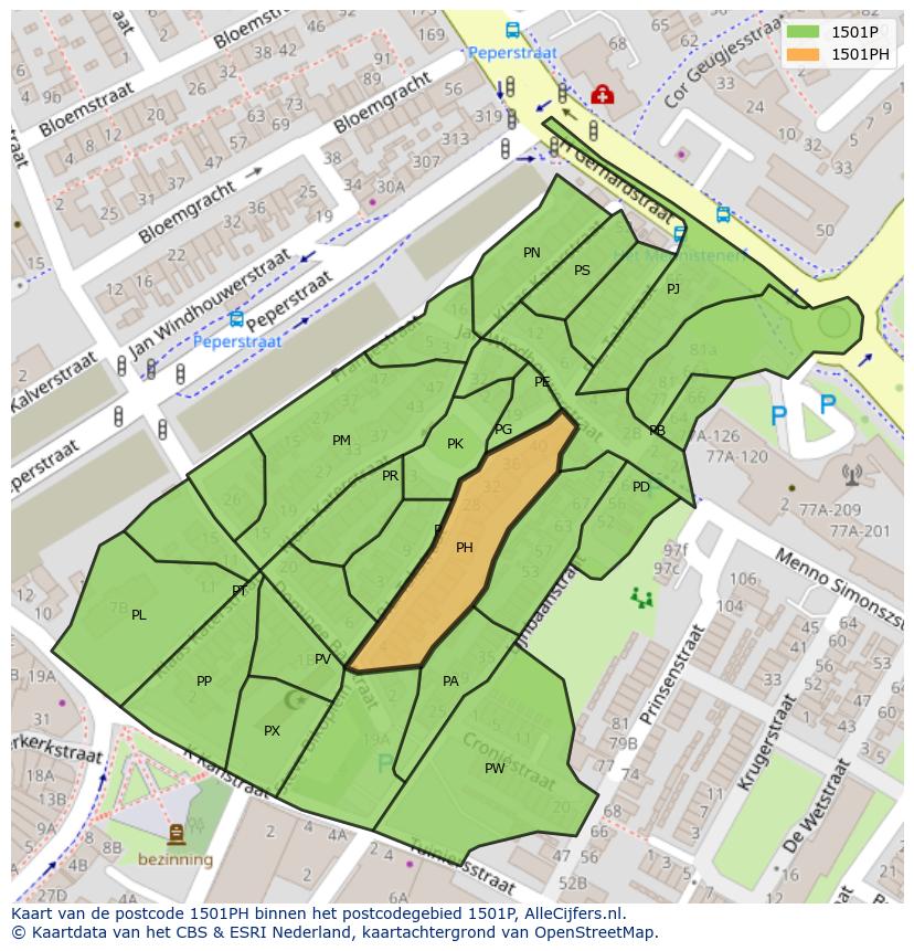 Afbeelding van het postcodegebied 1501 PH op de kaart.