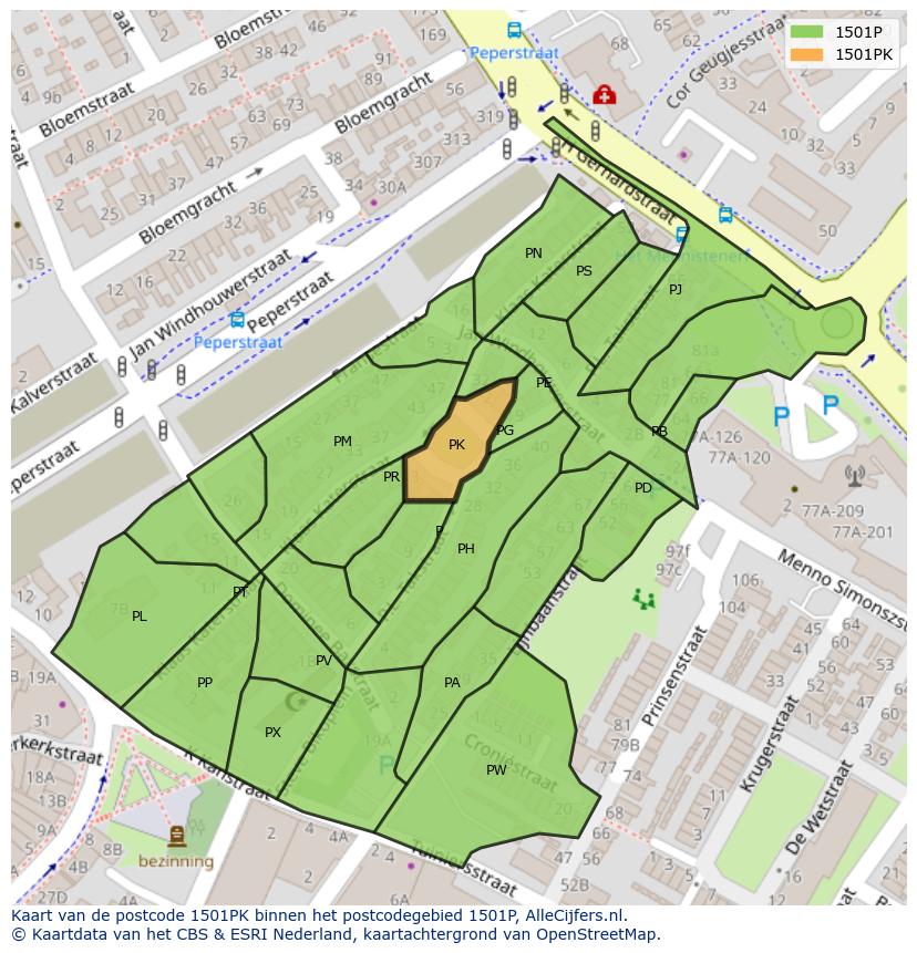 Afbeelding van het postcodegebied 1501 PK op de kaart.
