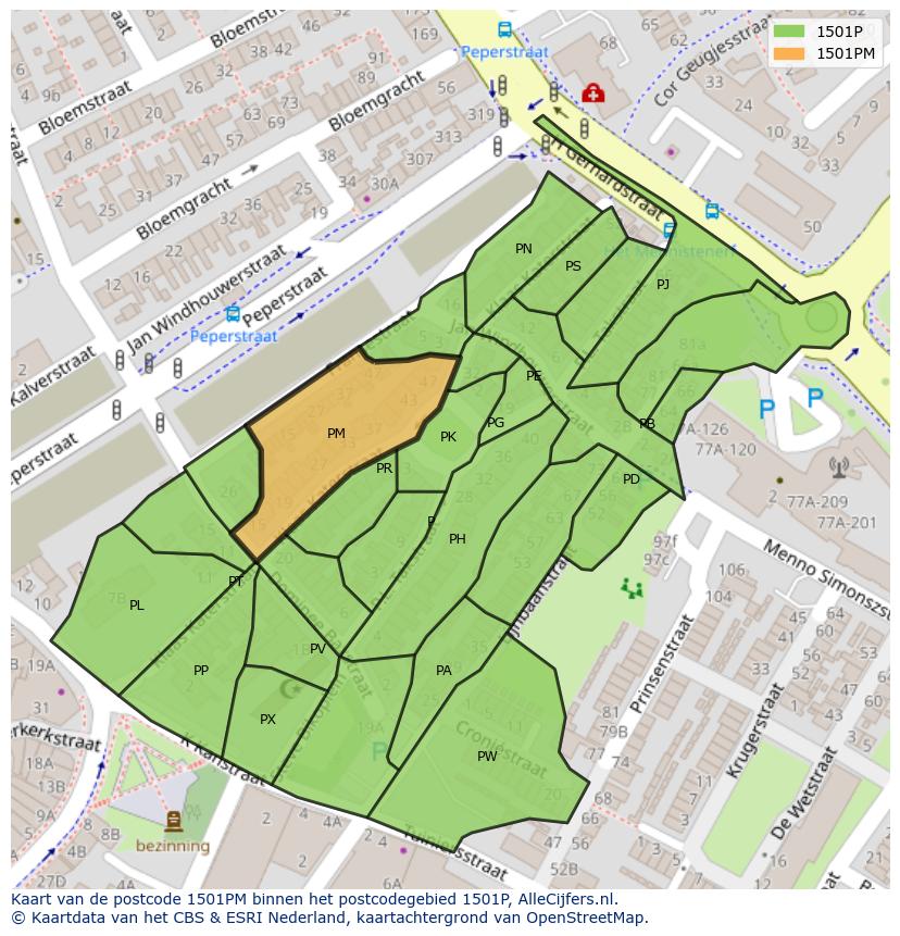 Afbeelding van het postcodegebied 1501 PM op de kaart.