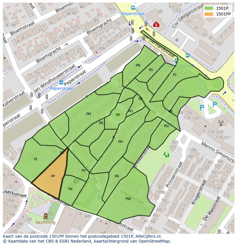 Afbeelding van het postcodegebied 1501 PP op de kaart.