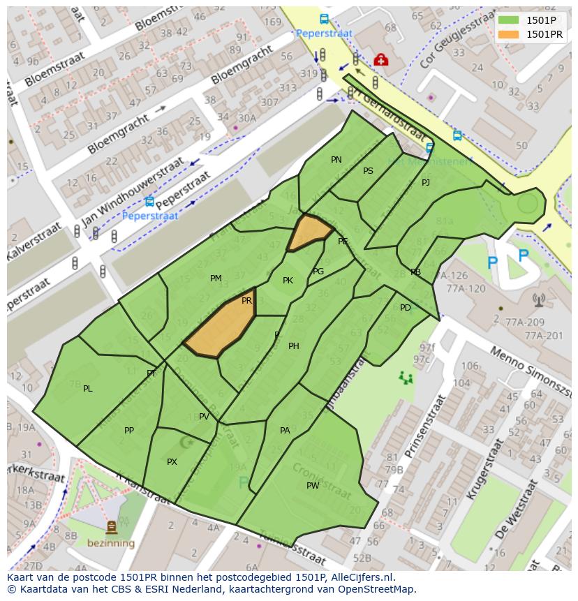 Afbeelding van het postcodegebied 1501 PR op de kaart.