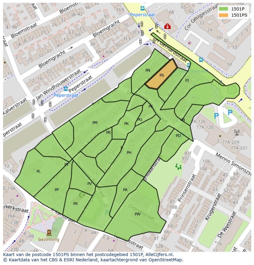 Afbeelding van het postcodegebied 1501 PS op de kaart.