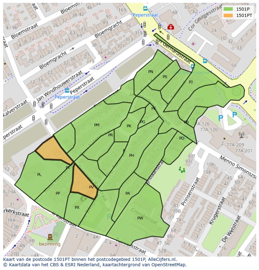 Afbeelding van het postcodegebied 1501 PT op de kaart.