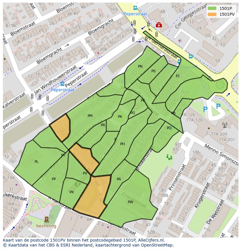 Afbeelding van het postcodegebied 1501 PV op de kaart.